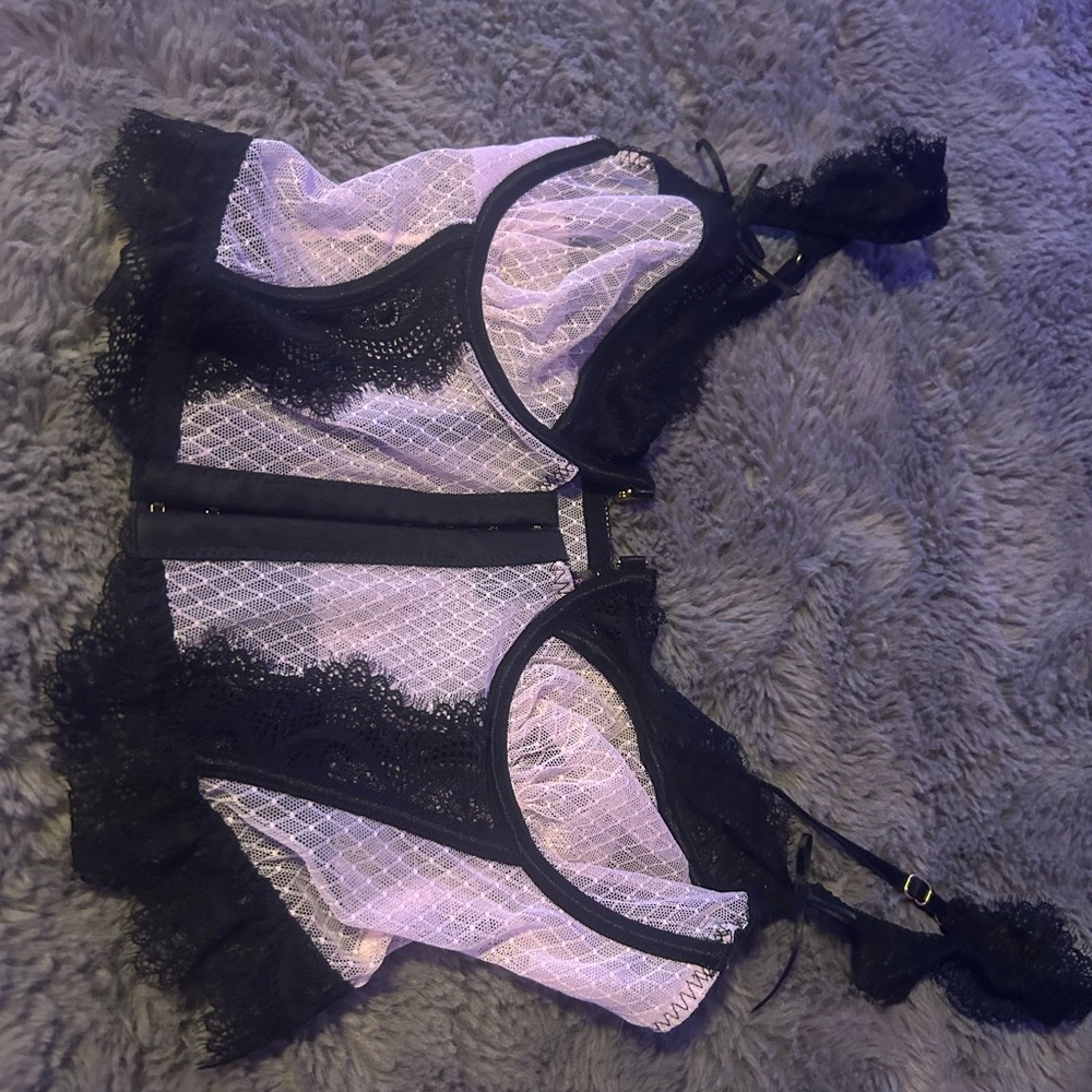 Pink and black lace/ mesh top lingerie
